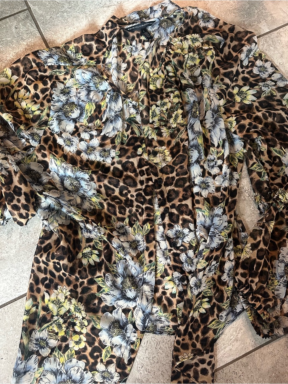 WHBM Floral Sheer Leopard Print Blouse Large Brown Blue - Picture 4 of 6